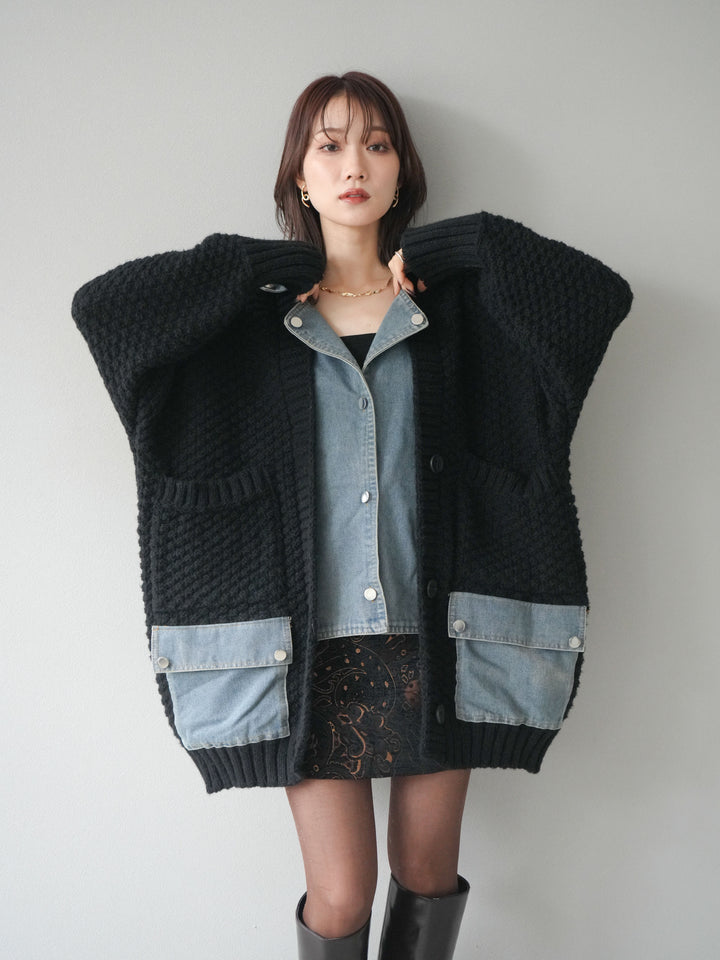 [予約]デニム襟レイヤードニットジャケット/black