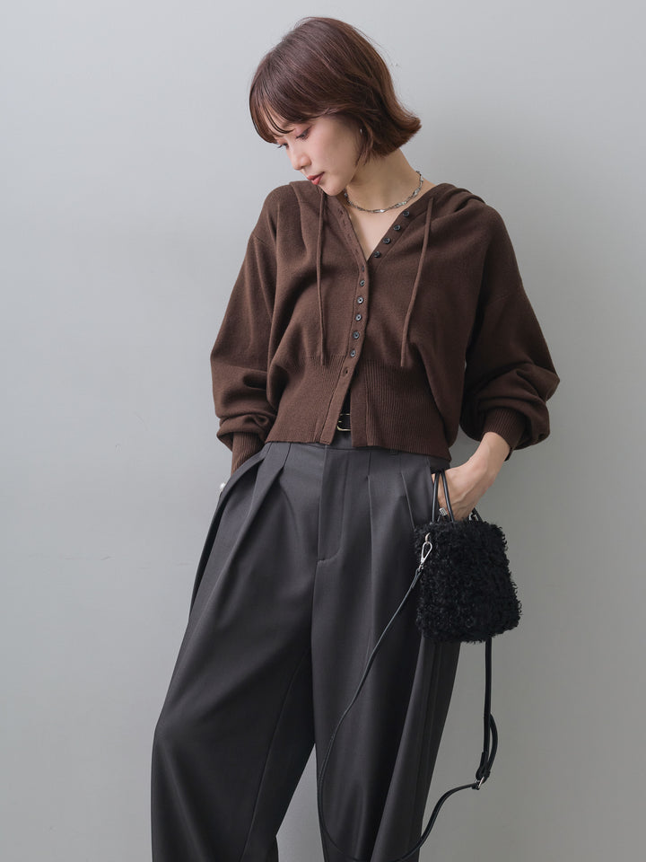 [予約]ボリュームスリーブフードニットカーディガン/brown