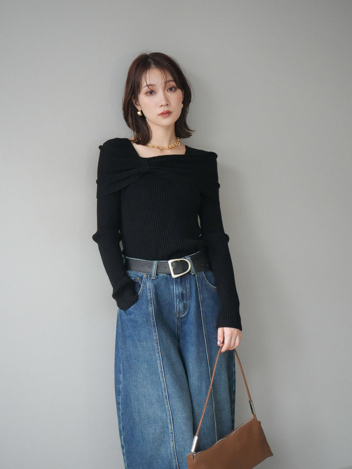[予約]リボンモチーフオフショルリブニットトップス/black