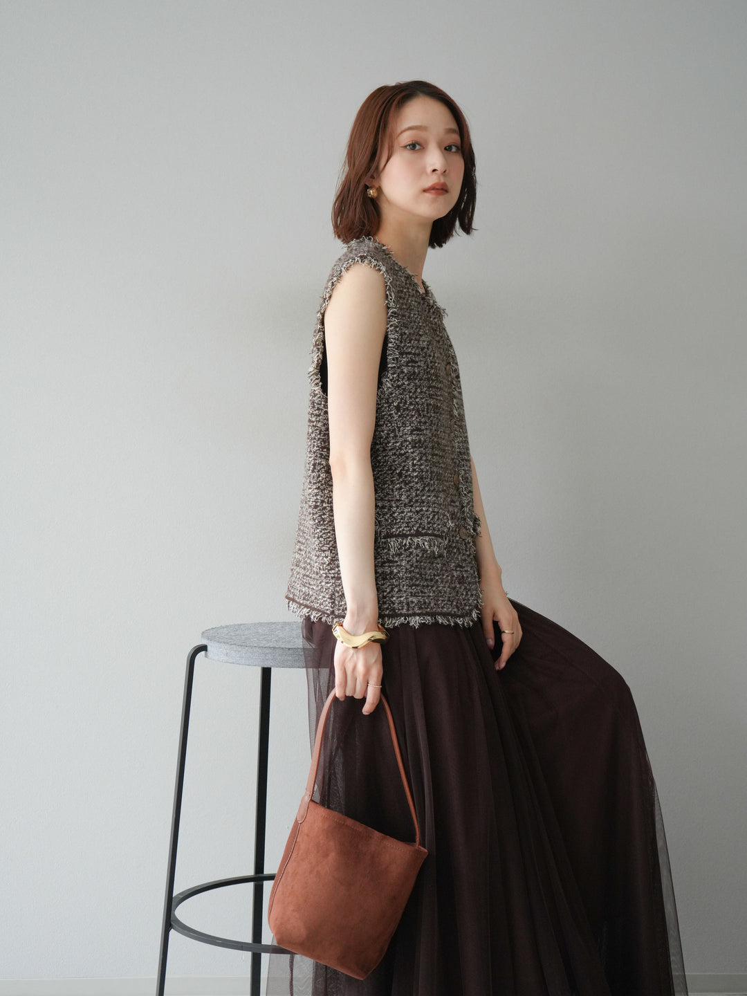 [予約]ミックスツイードフリンジニットベスト/ブラウン