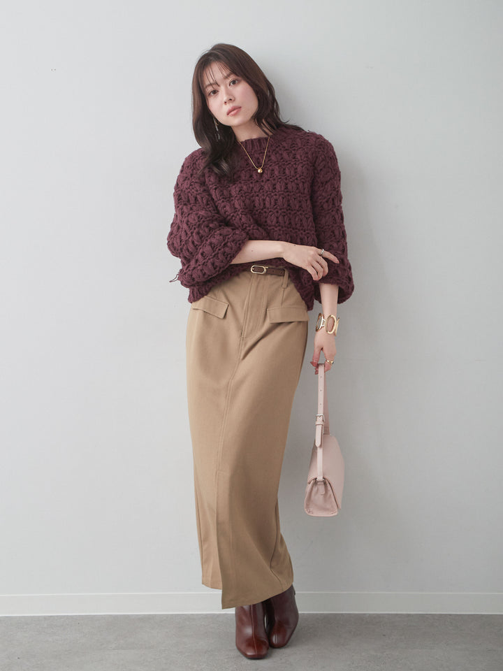 [SET]ループクロップニットトップス+クレープデシンフラップ付きストレートスカート(2set)