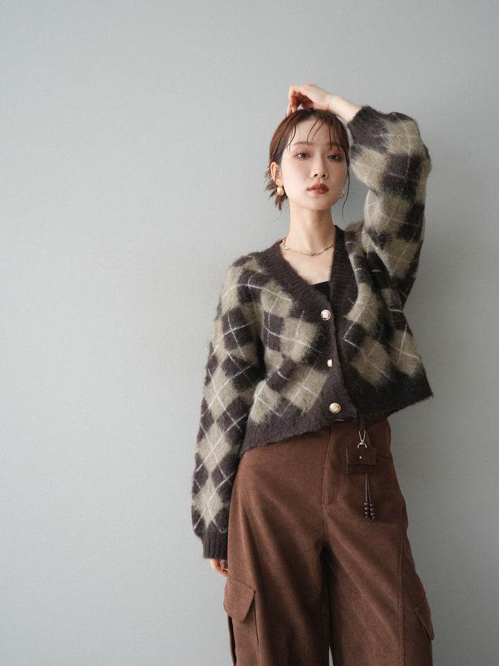 [予約]アーガイルシャギーニットカーディガン/brown