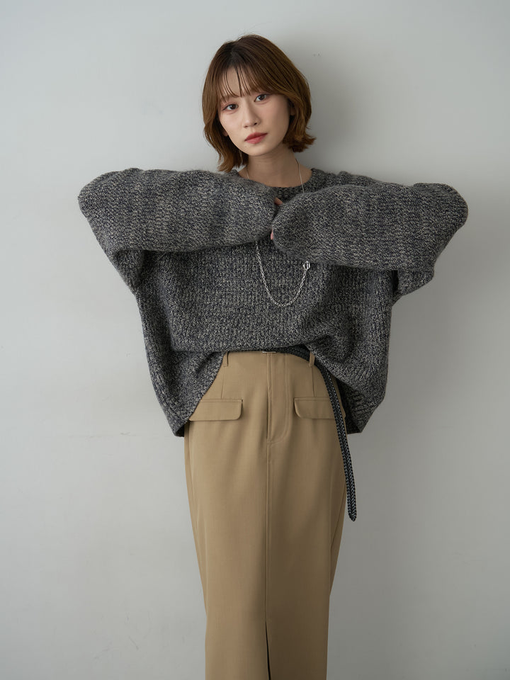 [SET]メランジクルーネックワイドプルオーバー+クレープデシンフラップ付きストレートスカート(2set)