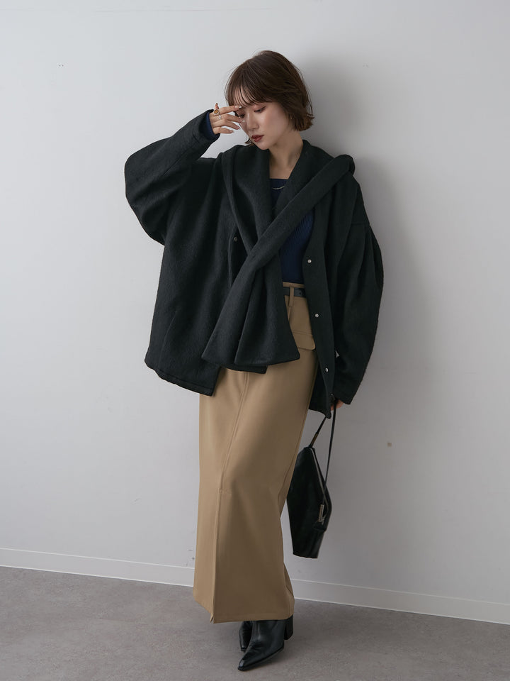 [SET]フードマフ付メランジコート+クレープデシンフラップ付きストレートスカート(2set)
