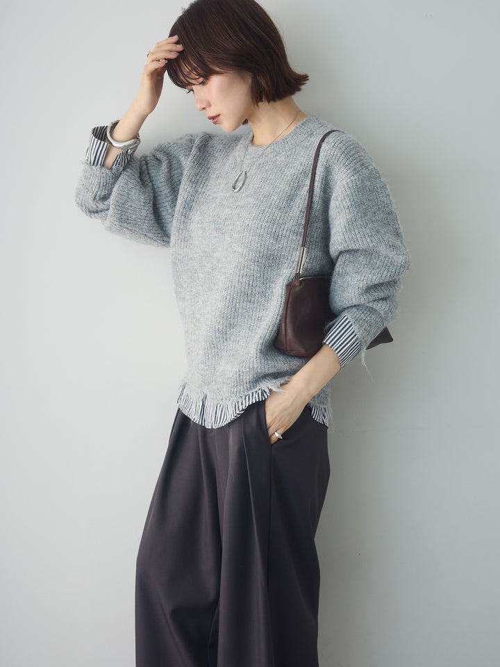 [SET]シャツレイヤードデザインモヘアプルオーバー+ツイルタックワイドパンツ(2set)