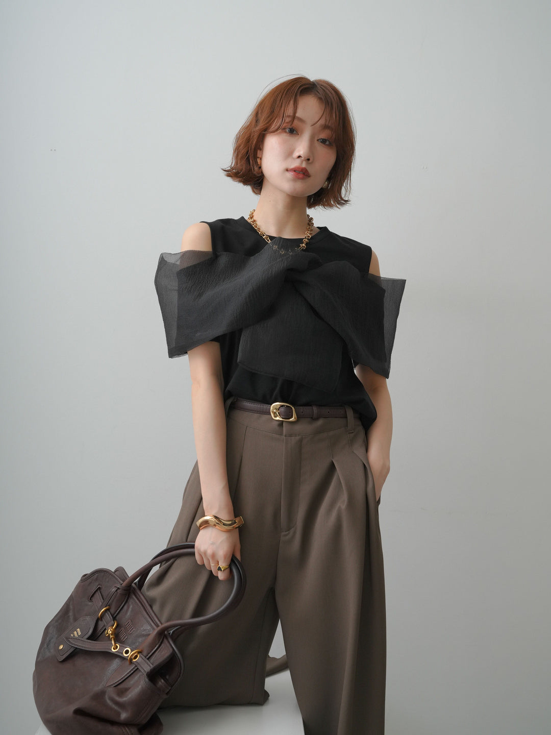 [予約]オープンショルダーシアーレイヤートップス/black