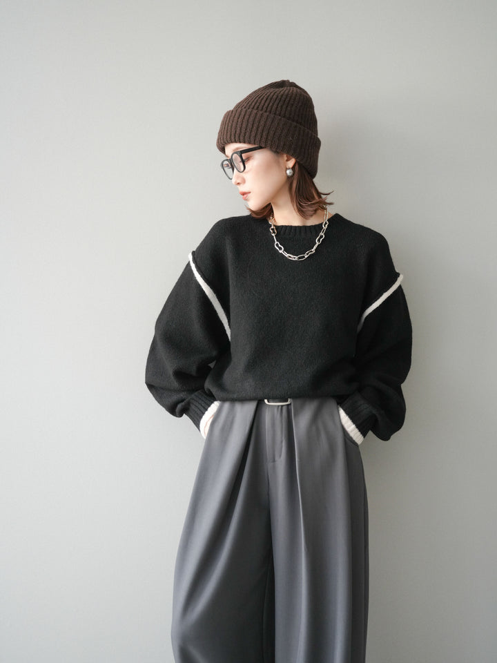 [予約]バイカラーパイピングニットプルオーバー/black