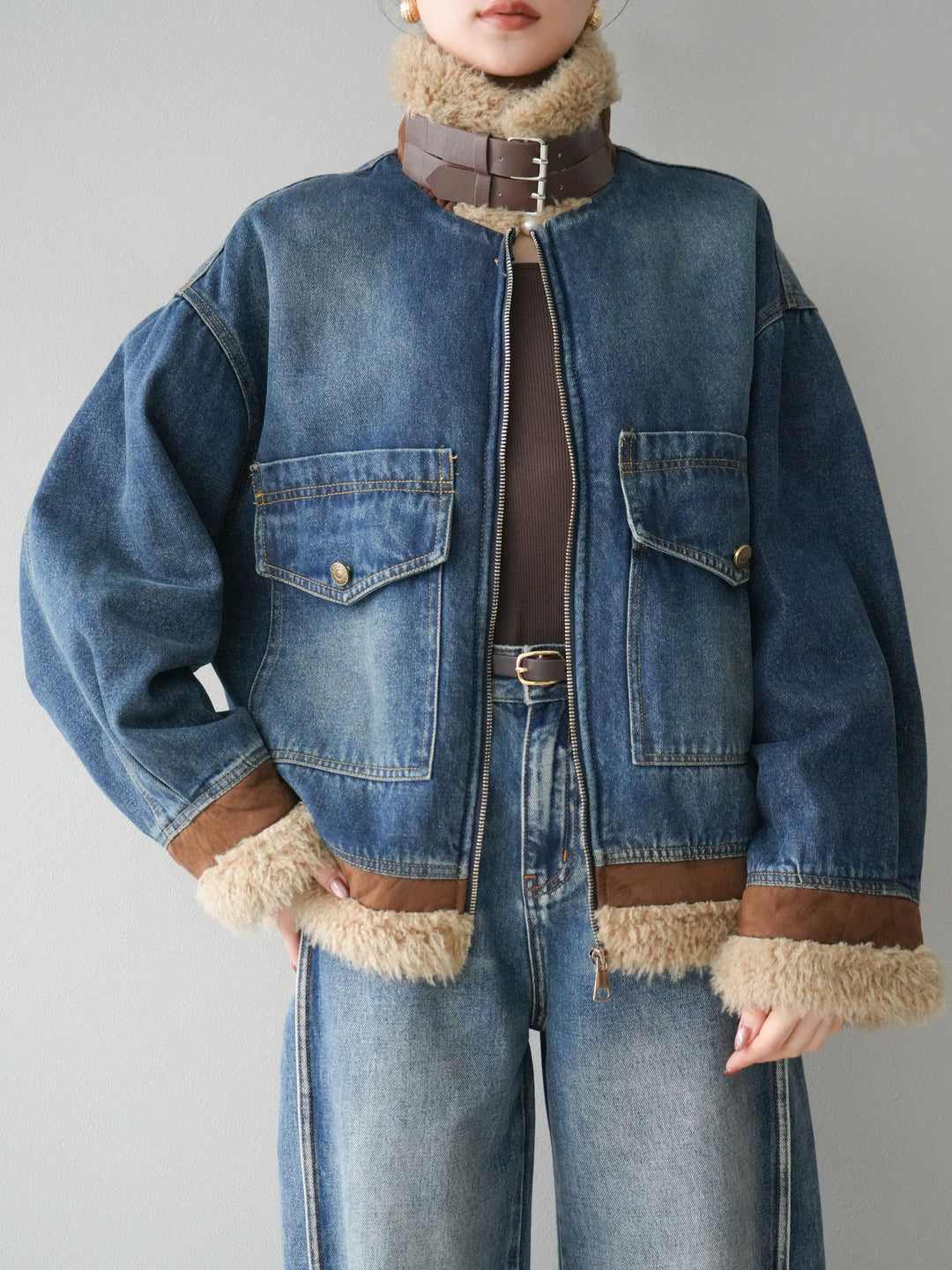 [予約]スタンドカラーファー×デニムジャケット/blue