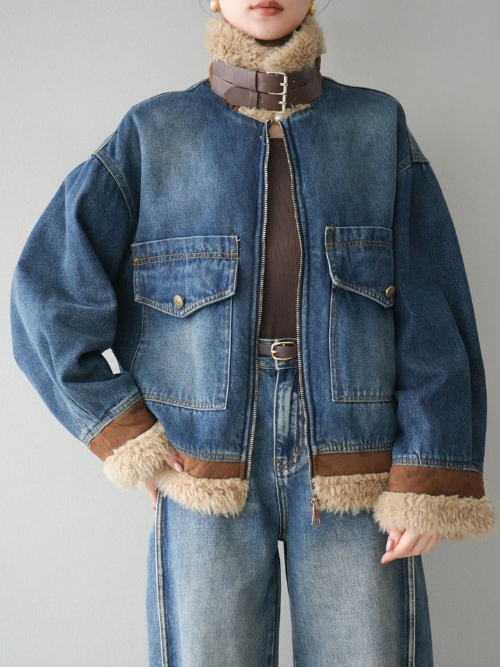 [予約]スタンドカラーファー×デニムジャケット/blue