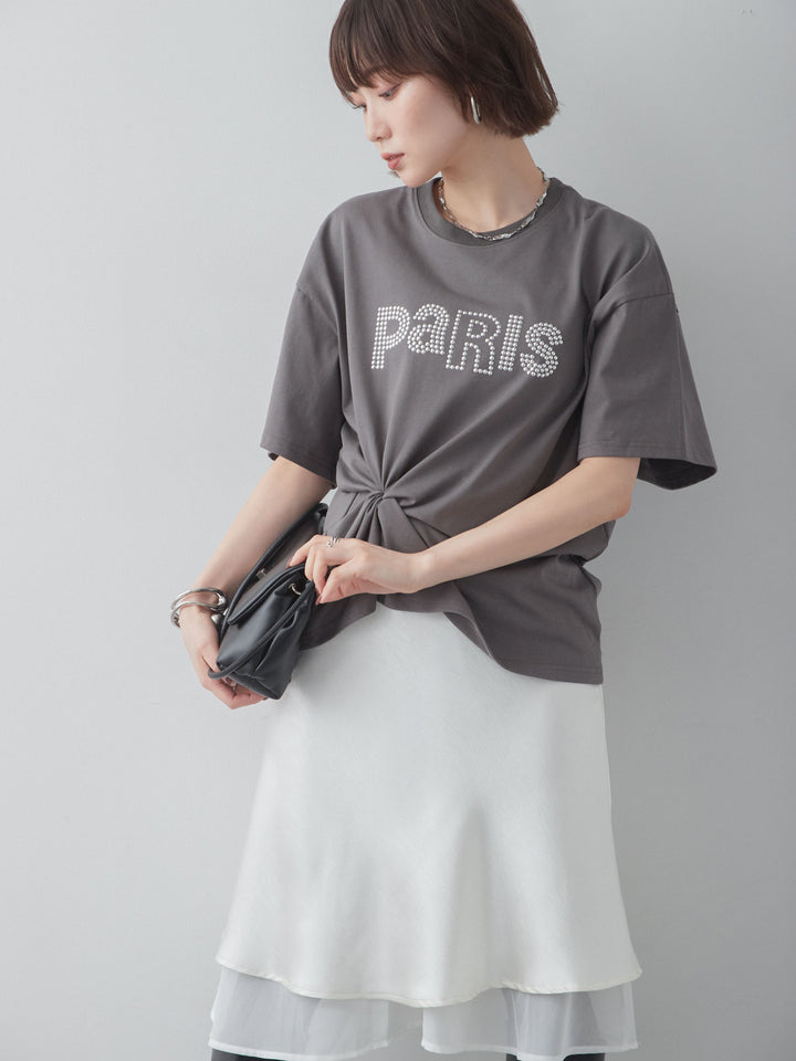 [SET]スタッズロゴTEE+サテンシフォンレイヤードスカート(2set)
