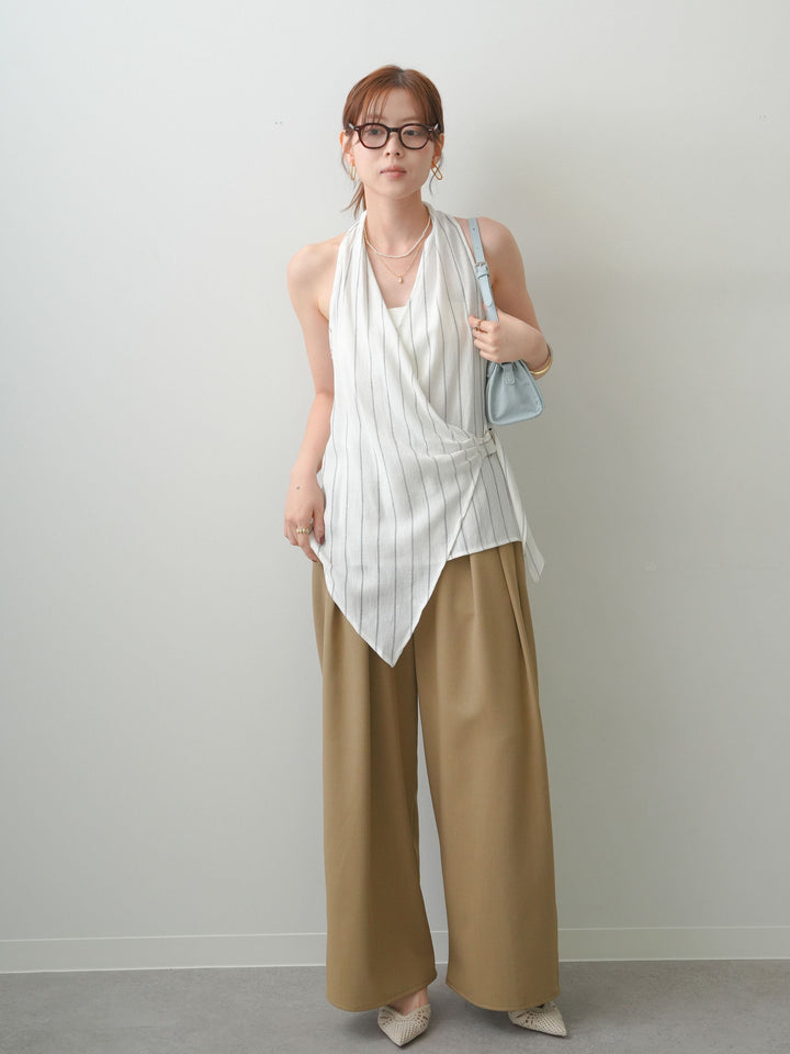 [SET]ストライプカシュクールジレ+クレープデシンタックワイドパンツ(2set)
