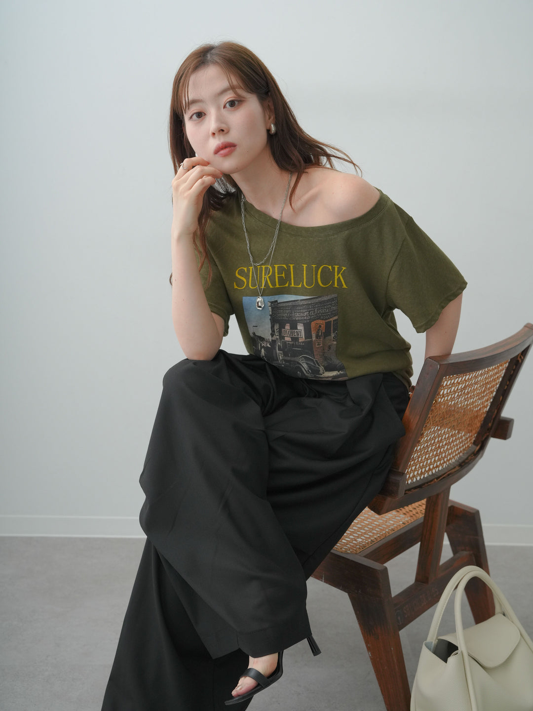 [SET]ワイドネックプリントTEE+ベルトループカーブタックワイドパンツ(2set)
