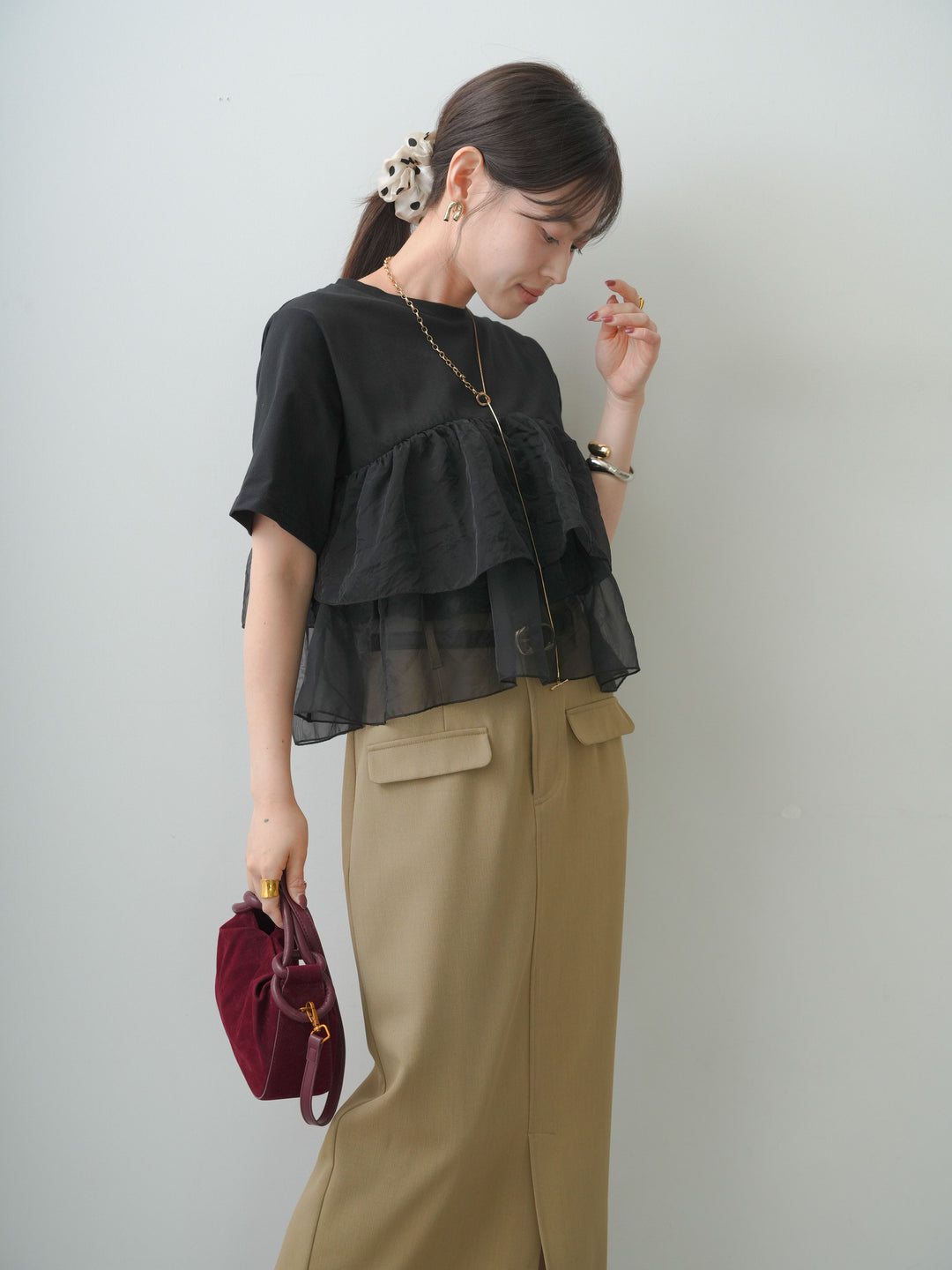 [SET]オーガンジーフリルドッキングTEE+クレープデシンフラップ付きストレートスカート(2set)