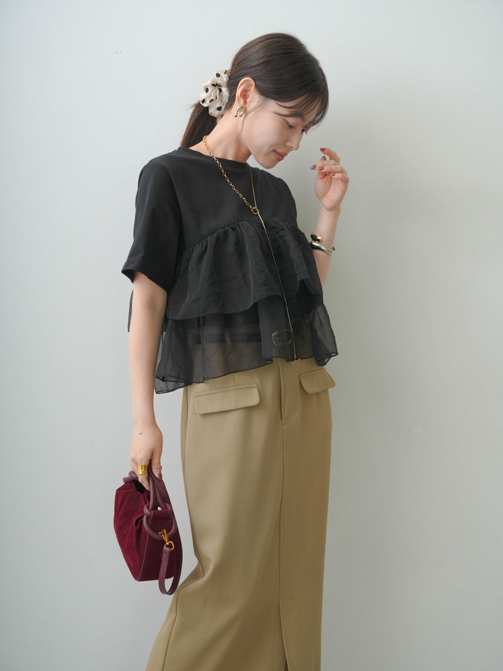 [SET]オーガンジーフリルドッキングTEE+クレープデシンフラップ付きストレートスカート(2set)