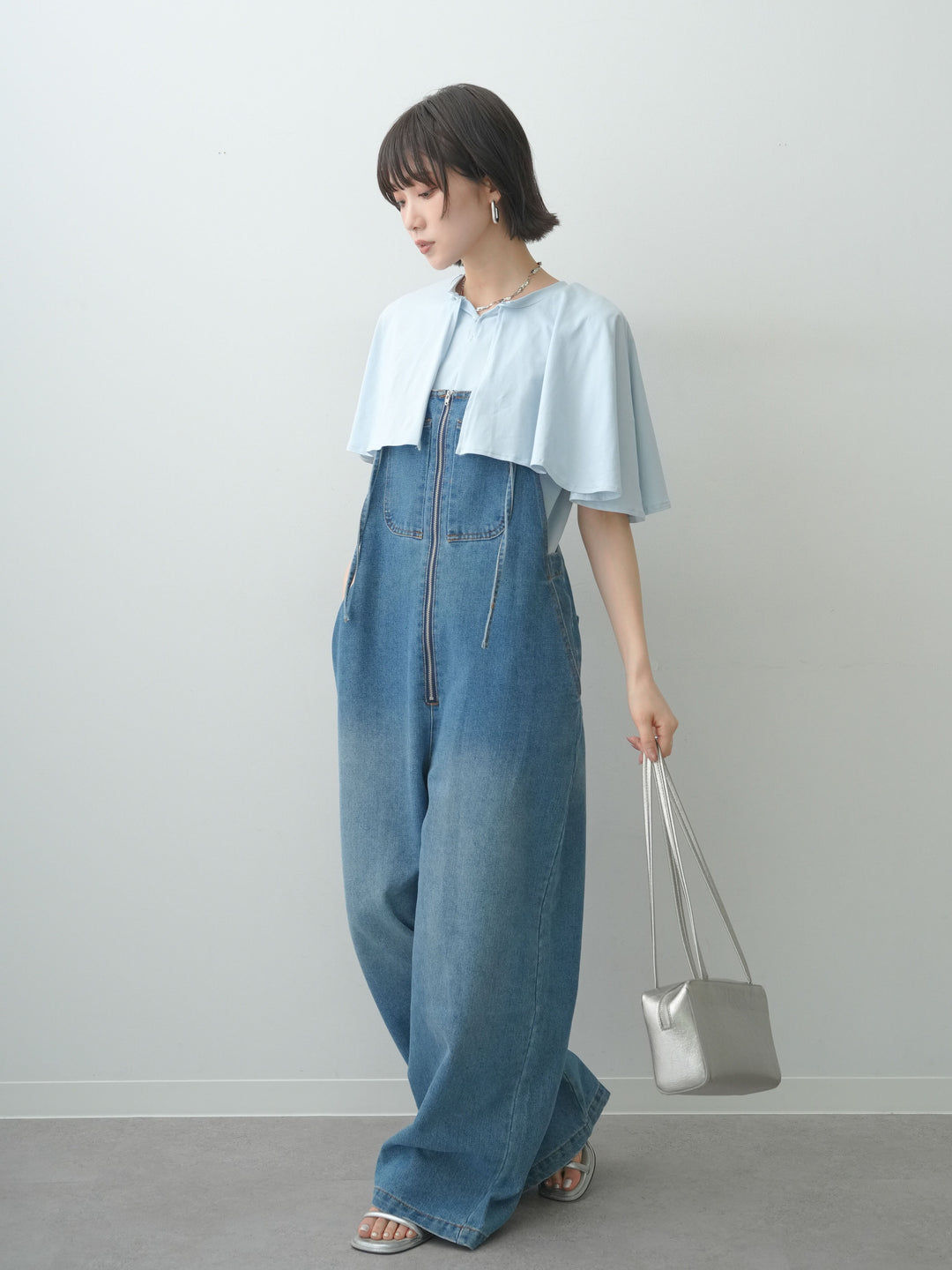 [SET]前後2wayケープTEE+フロントジップデニムサロペット(2set)