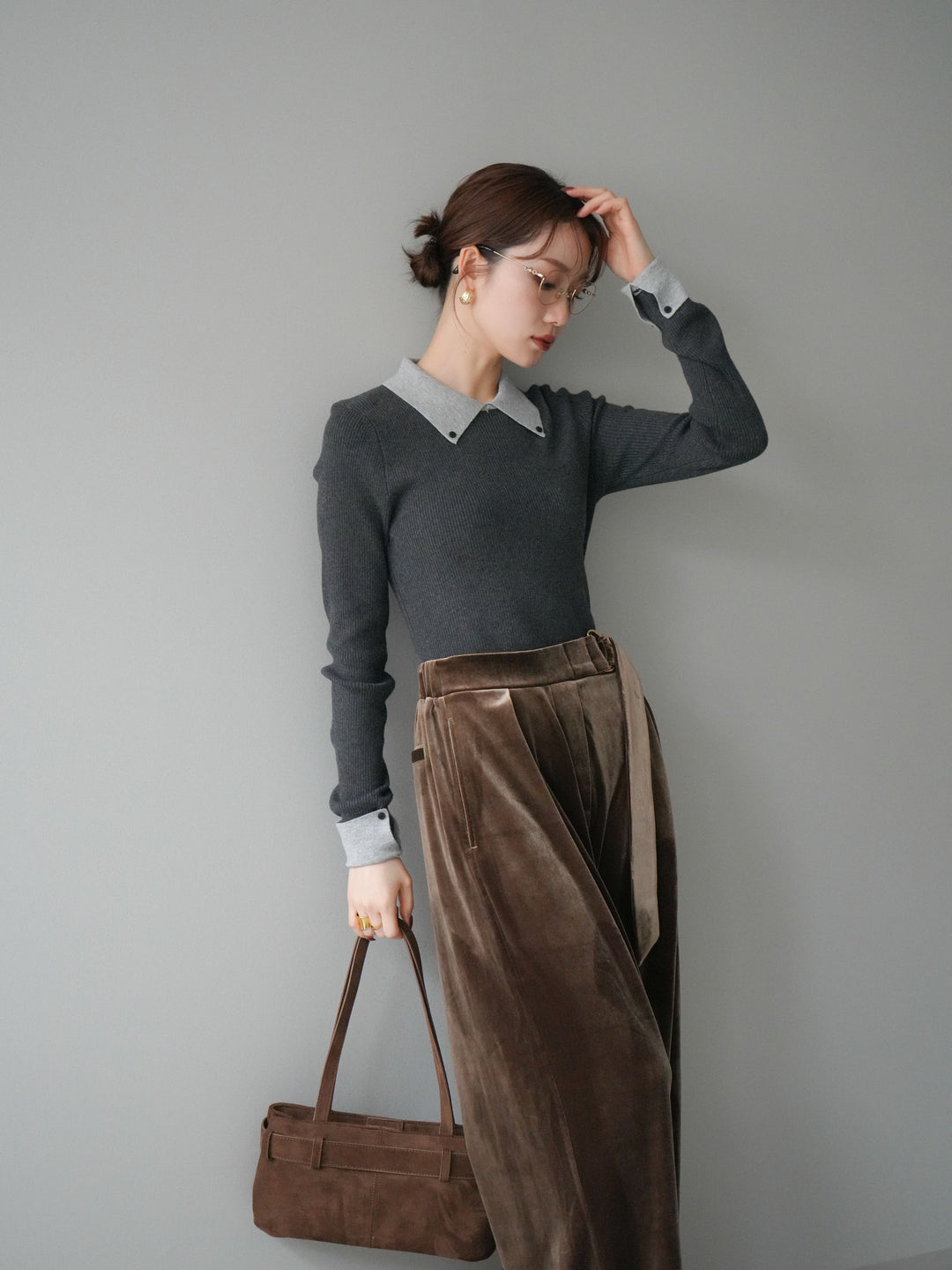 [予約]ニットカフス襟付き配色リブニットトップス/charcoal