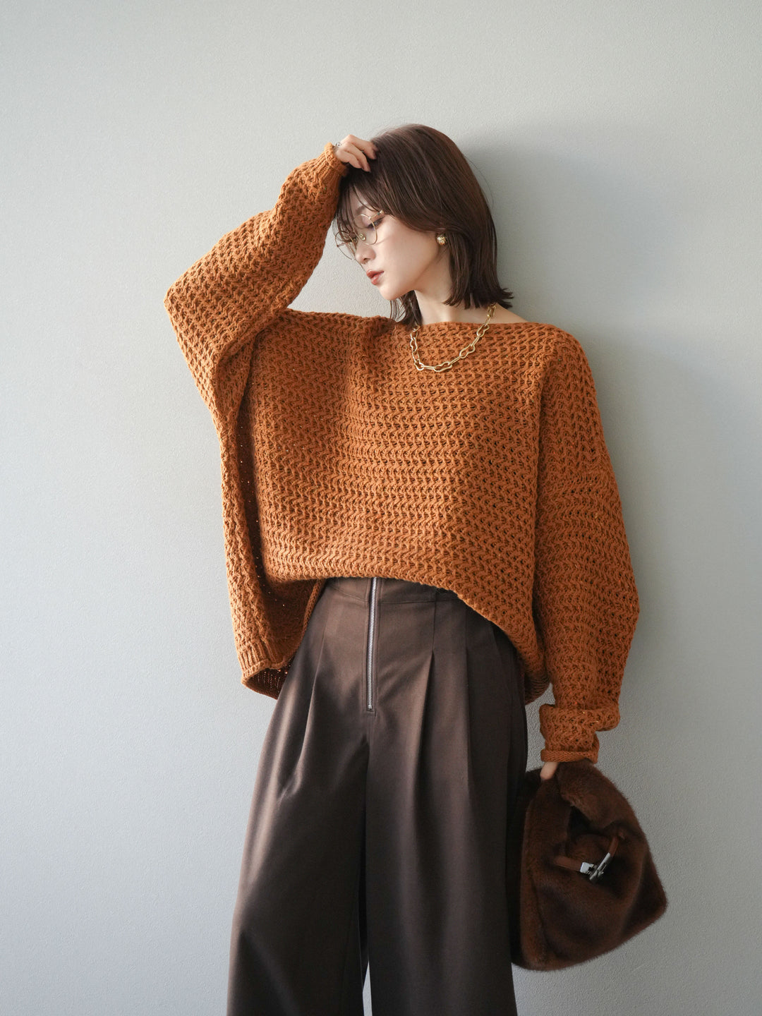 [予約]ネップ透かし編みオーバーニット/camel
