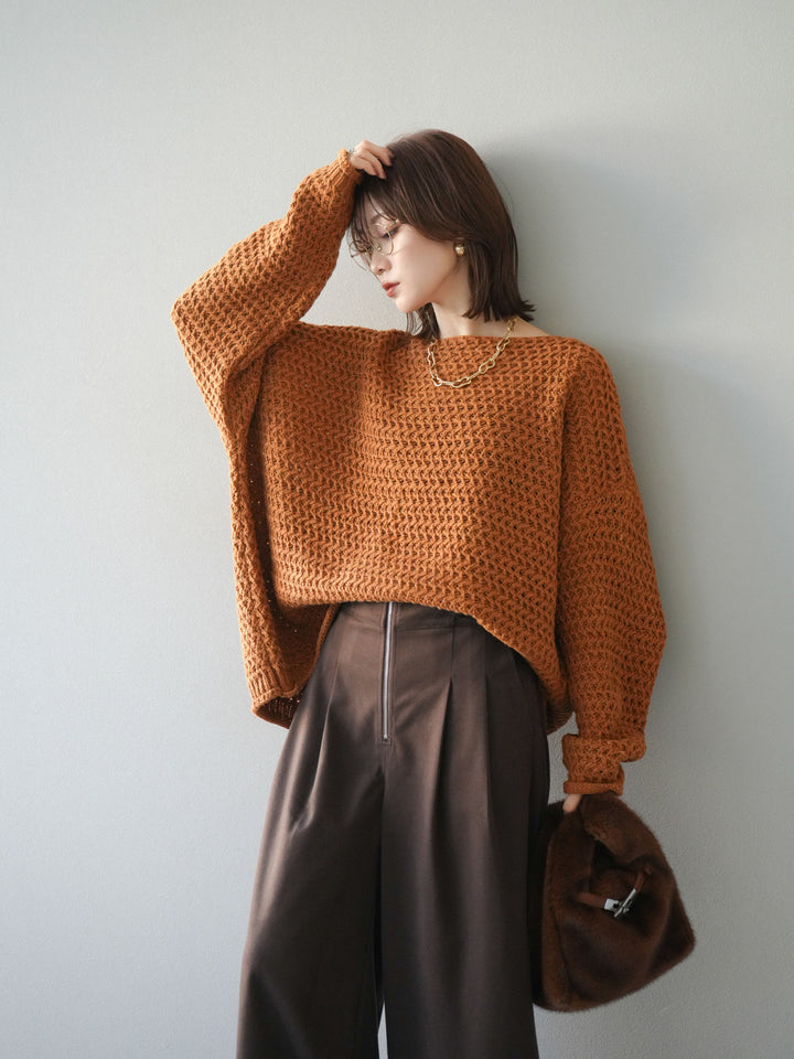 [予約]ネップ透かし編みオーバーニット/camel