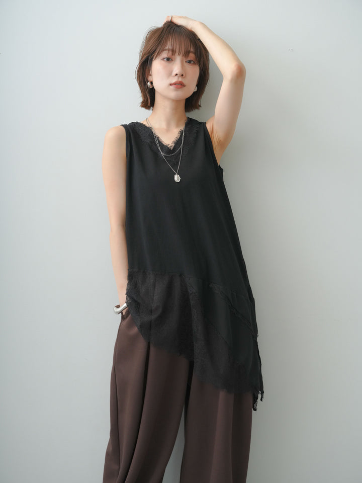 [SET]ヘムアシメレースドッキングノースリトップス+ボンディングドロストタックパンツ(2set)