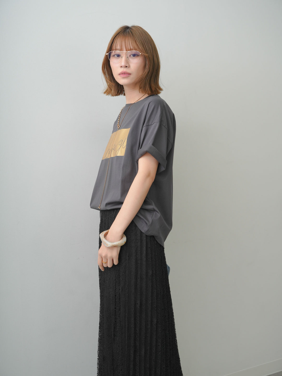 [SET]箔プリントボックスTEE+フローラルレースプリーツスカート(2set)