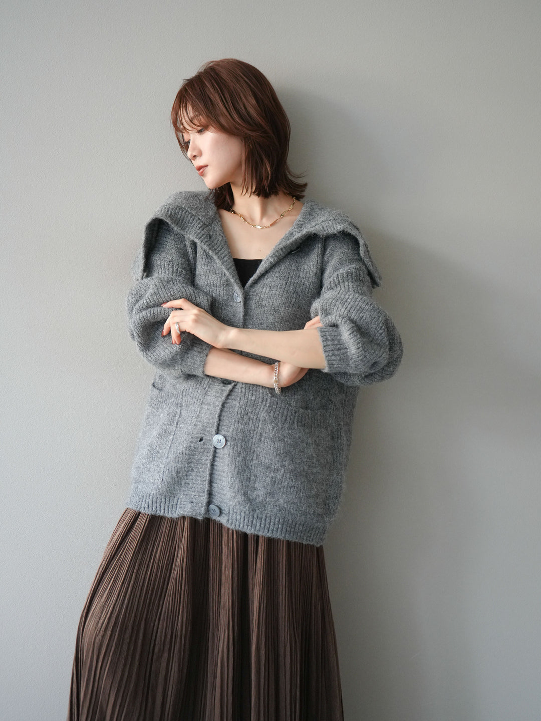 [予約]襟付きボタンオーバーニットカーディガン/gray