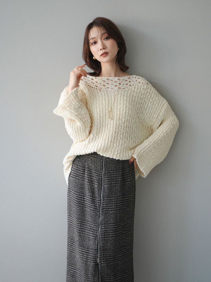 [予約]ボートネック透かし編みニットプルオーバー/white