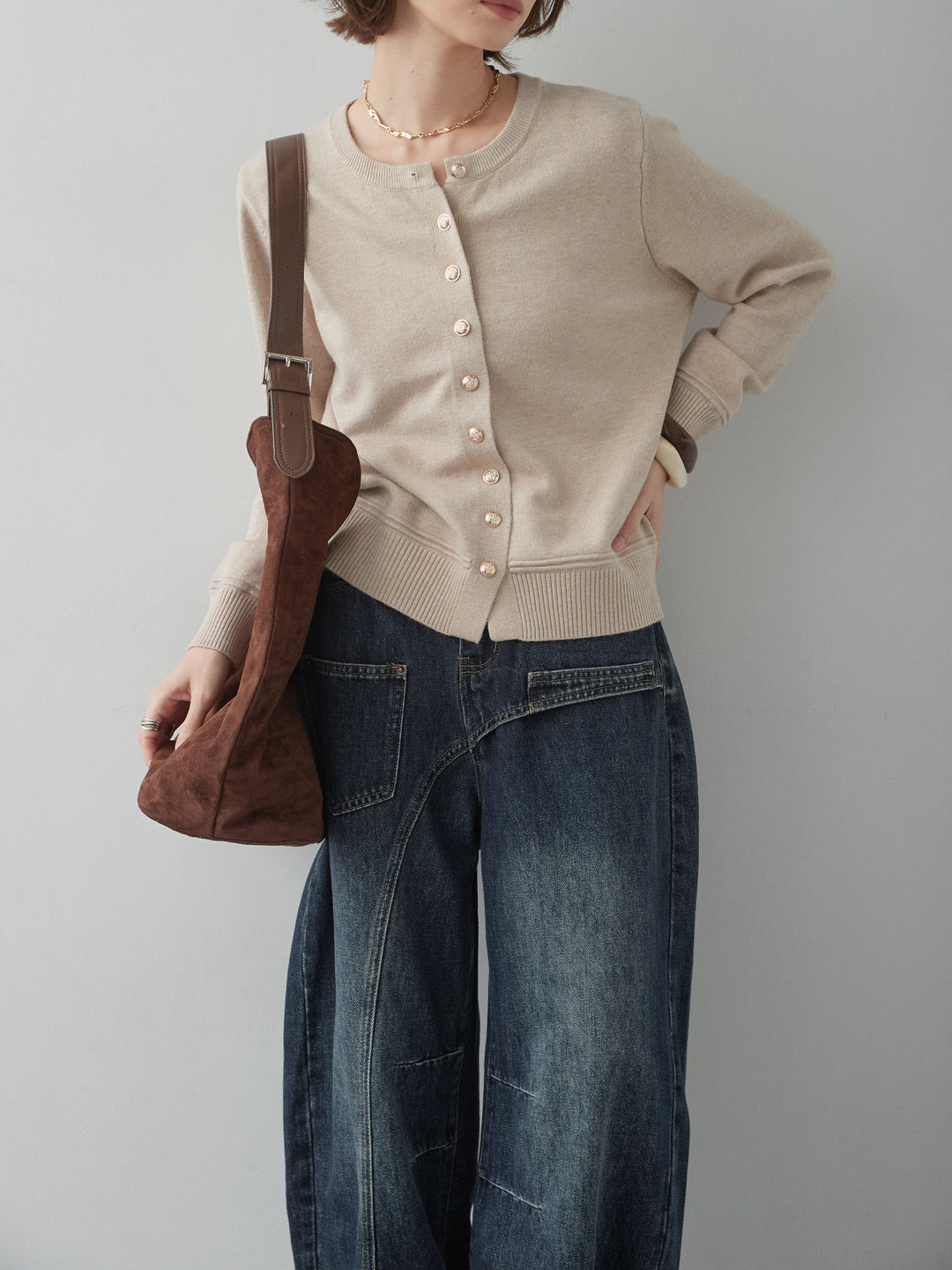 【套裝】金色紐帶針織開襟衫 + 金色紐帶針織開襟衫（兩件套裝）