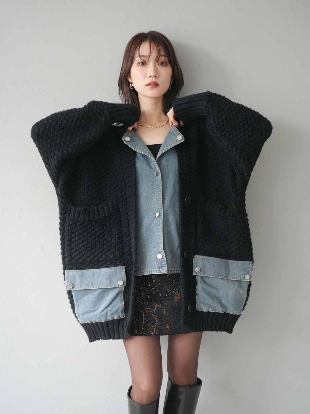 [SET]デニム襟レイヤードニットジャケット+デニム襟レイヤードニットジャケット(2set)
