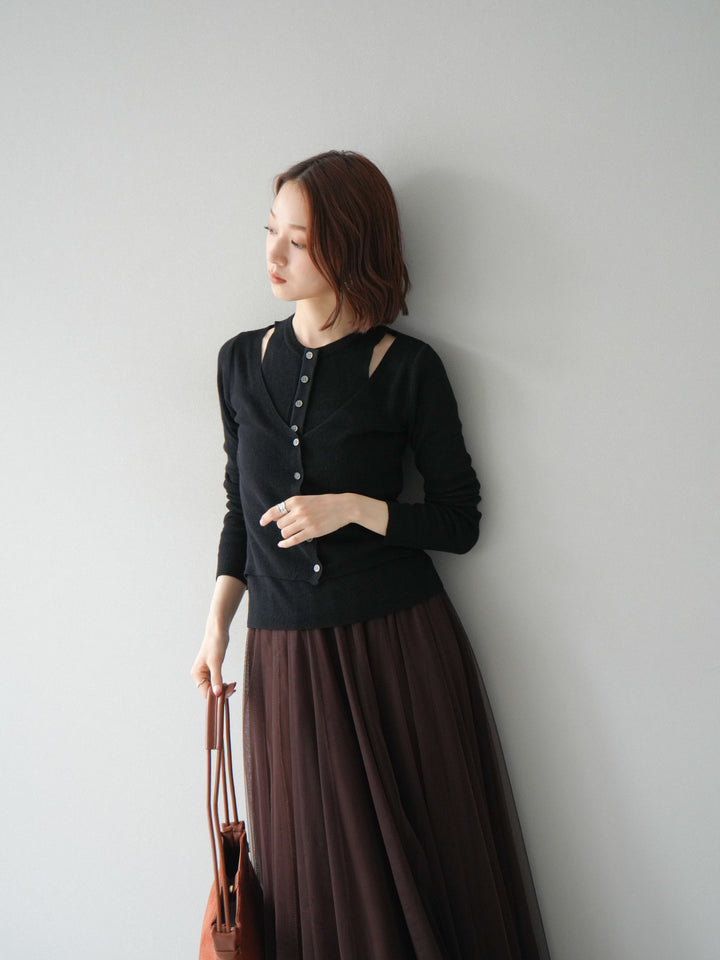 [予約]レイヤードデザインニットカーディガン/ブラック