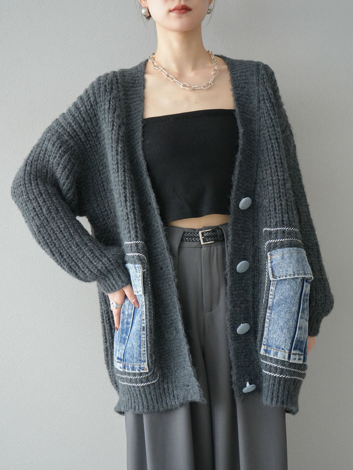 [予約]デニムポケットハンドステッチカーディガン/gray