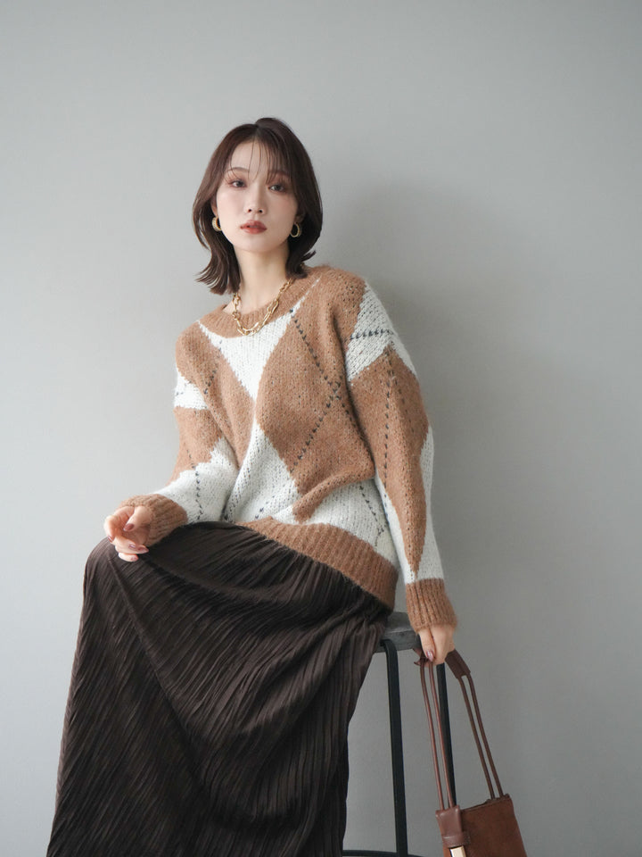 [予約]アーガイルオーバーニットプルオーバー/camel
