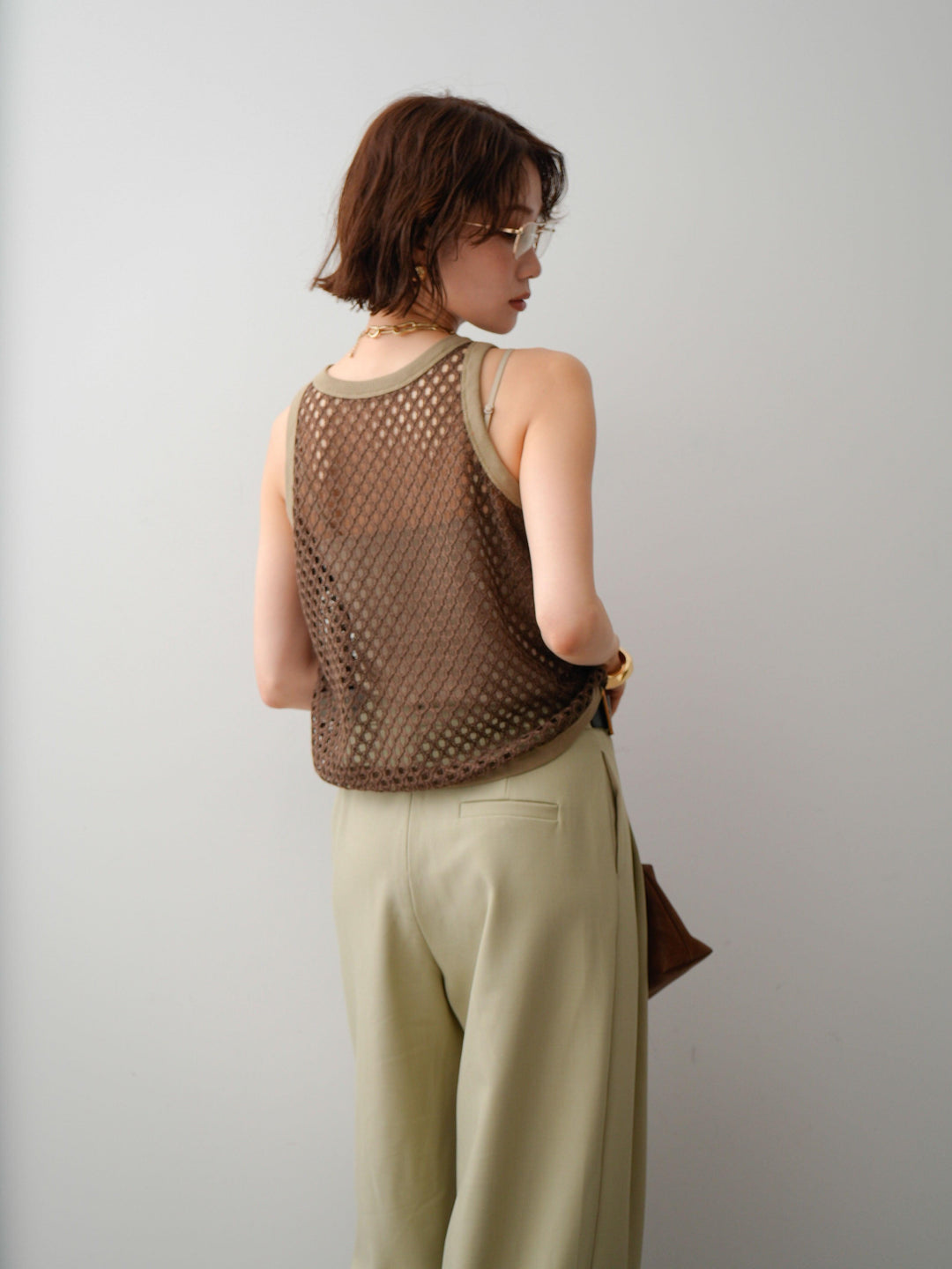 [予約]リブトリムメッシュアメスリトップス/brown