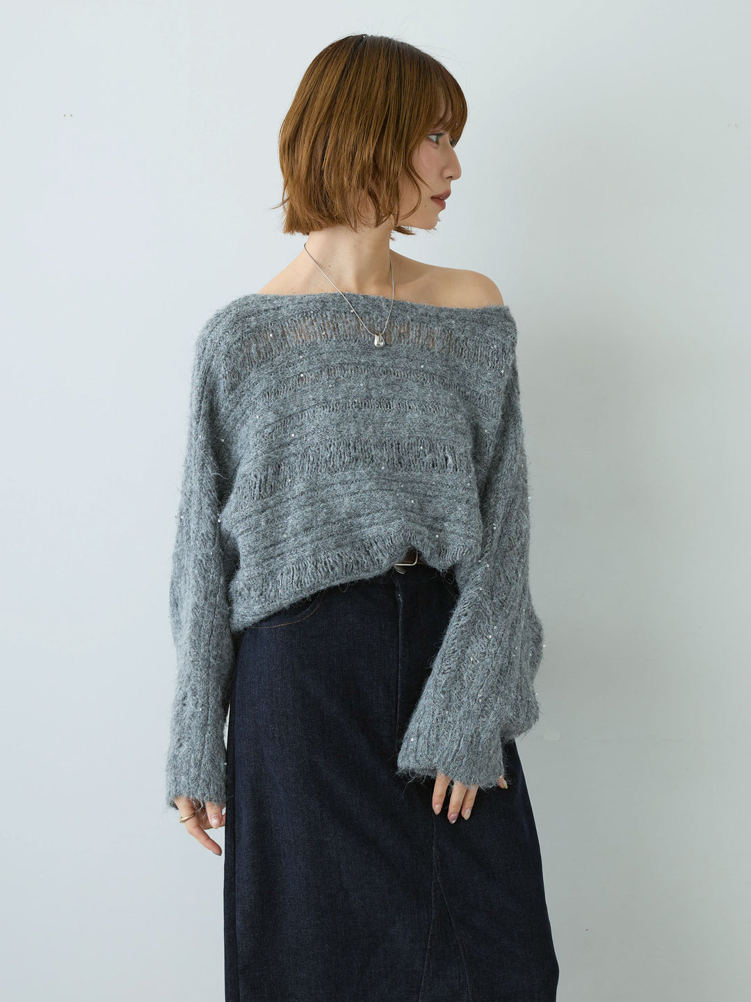 [予約]ミックス透かし編ワイドネックニットトップス/gray