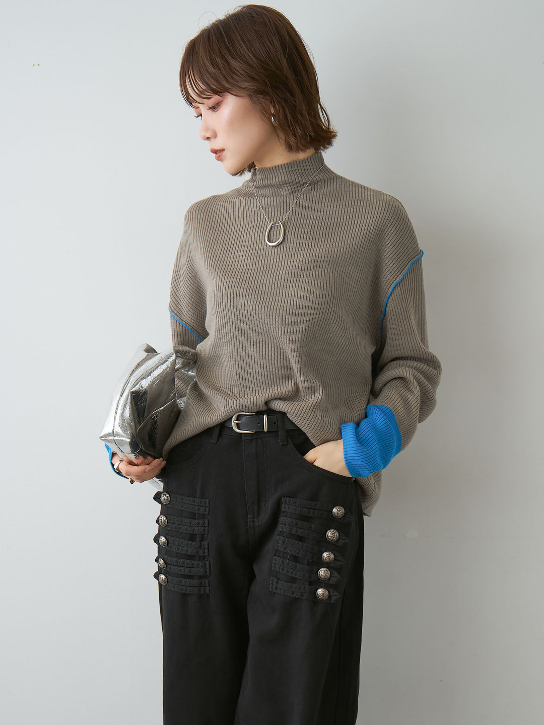 [予約]バイカラーモックネックリブニットトップス/mossgray