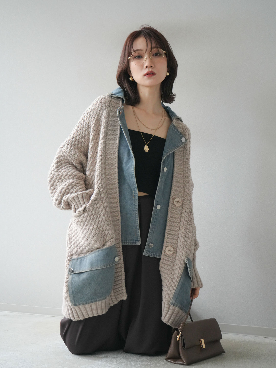 [SET]デニム襟レイヤードニットジャケット+デニム襟レイヤードニットジャケット(2set)