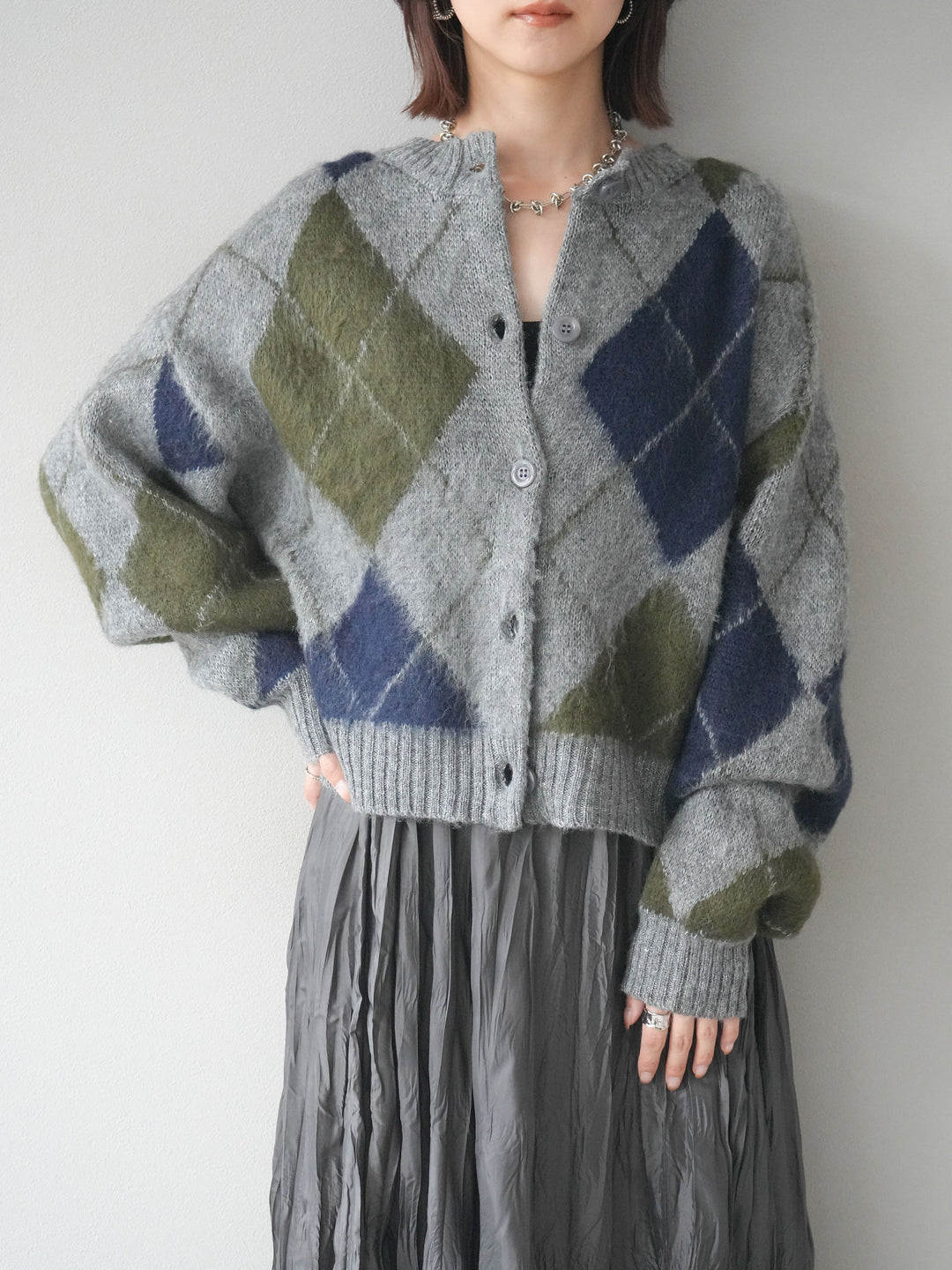 [予約]モヘアタッチアーガイルニットカーディガン/ gray