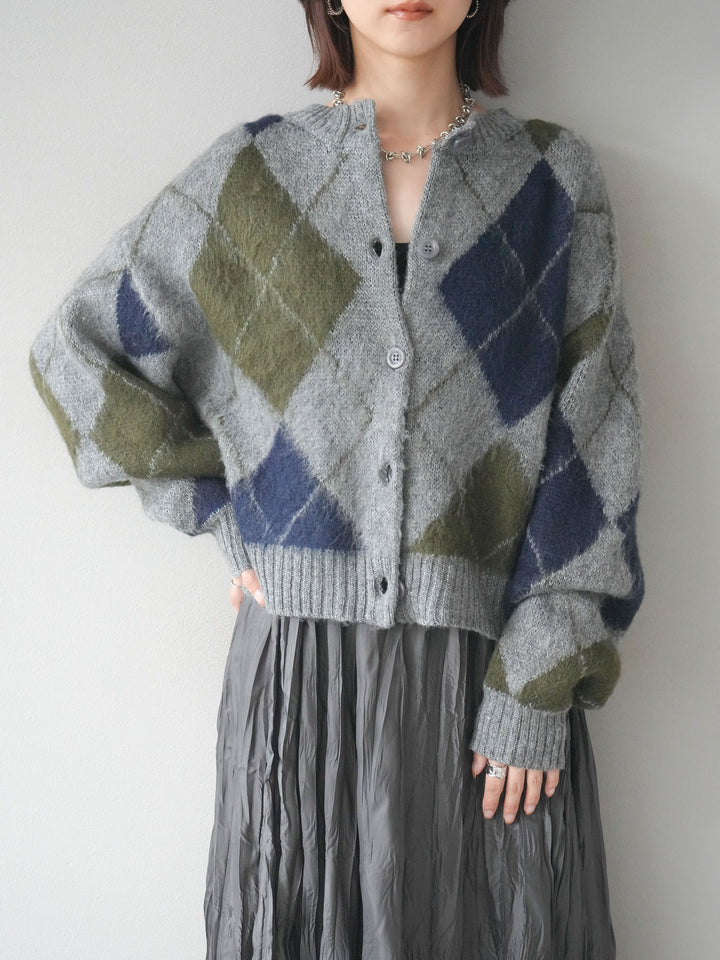 [予約]モヘアタッチアーガイルニットカーディガン/ gray