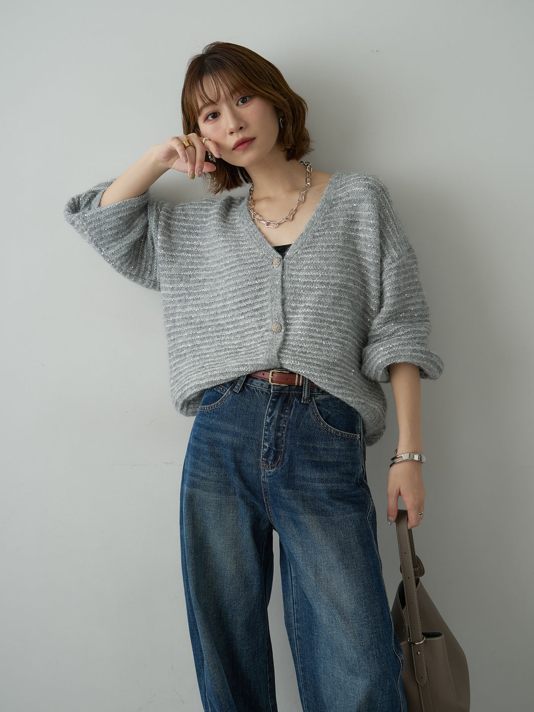 [SET]スパンコールデザインボタンカーディガン+ヒップフラップポケットストレートワイドデニム(2set)