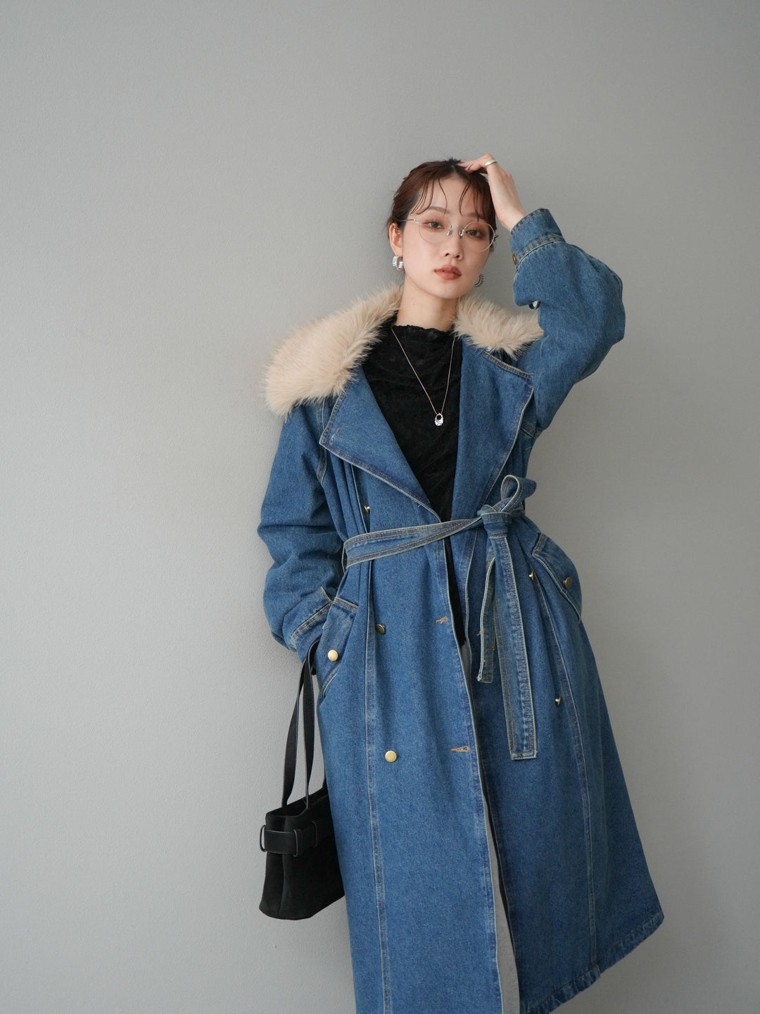 [予約]ファー襟デニムロングコート/blue