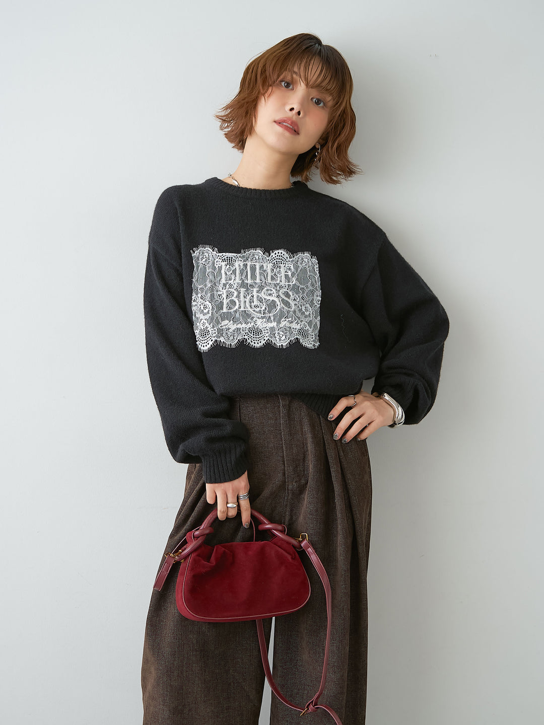 [SET]アルパカタッチ刺繍レースロゴニットプルオーバー+選べるアクセセット(2set)