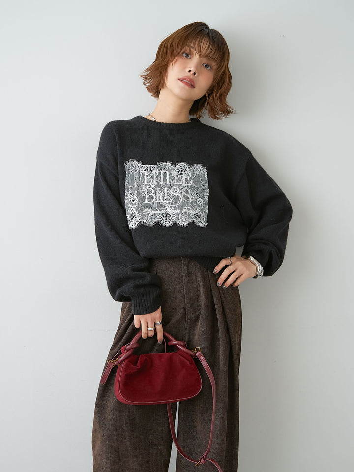 [SET]アルパカタッチ刺繍レースロゴニットプルオーバー+選べるアクセセット(2set)