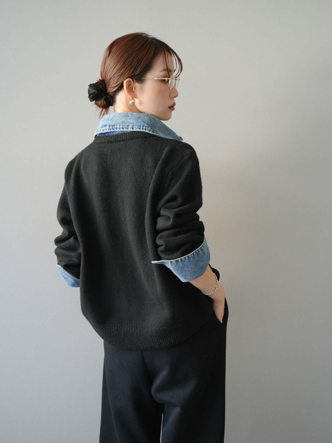 [予約]デニム襟ボタンニットカーディガン/black