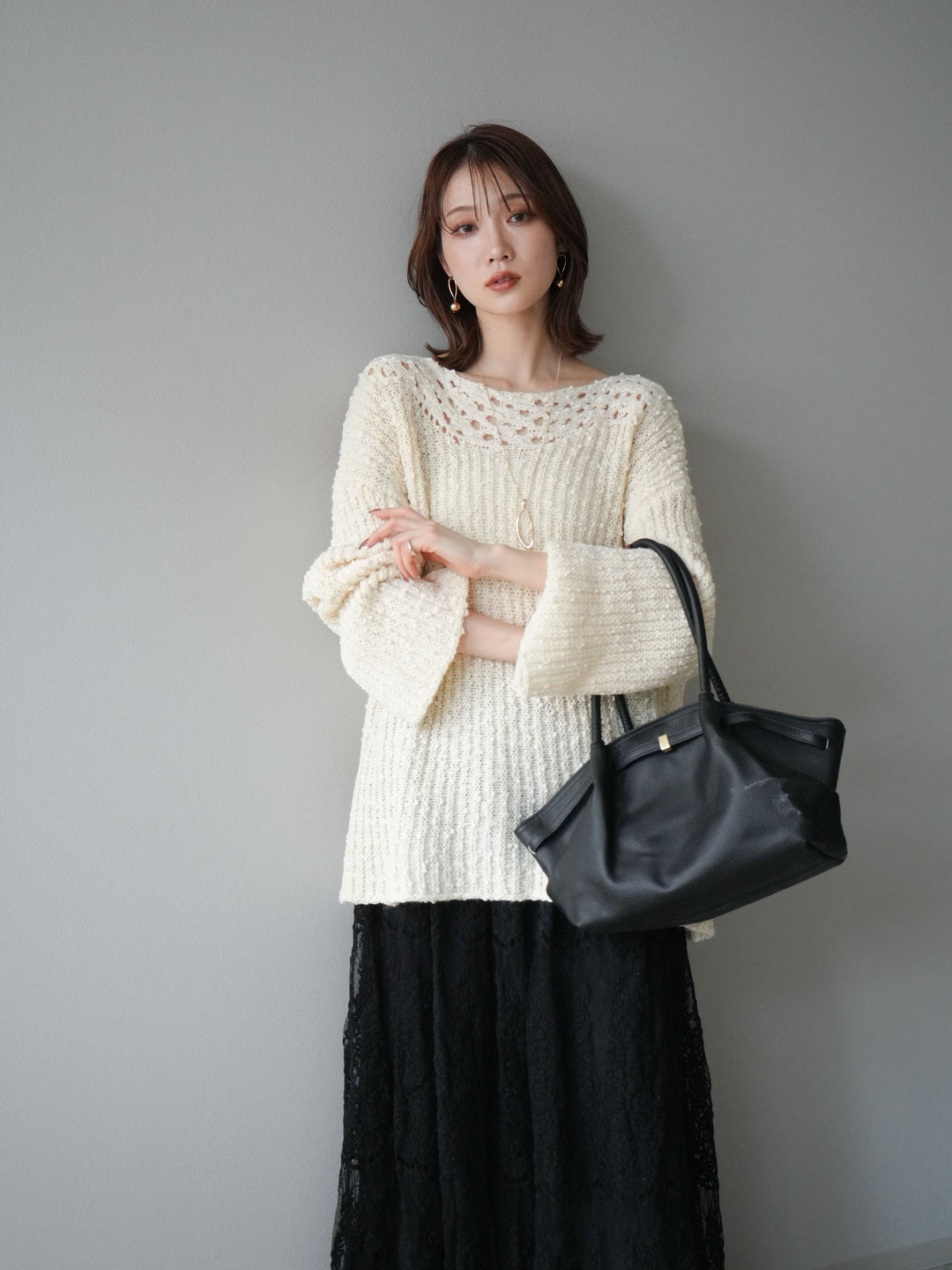 [予約]ボートネック透かし編みニットプルオーバー/white