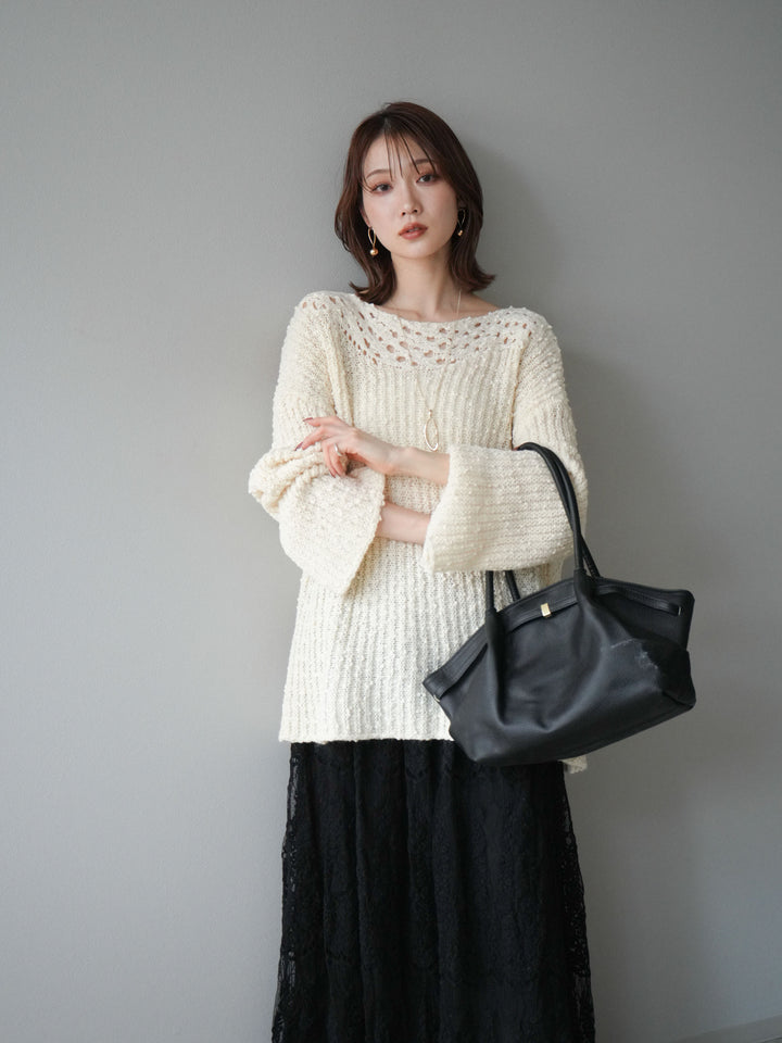 [予約]ボートネック透かし編みニットプルオーバー/white