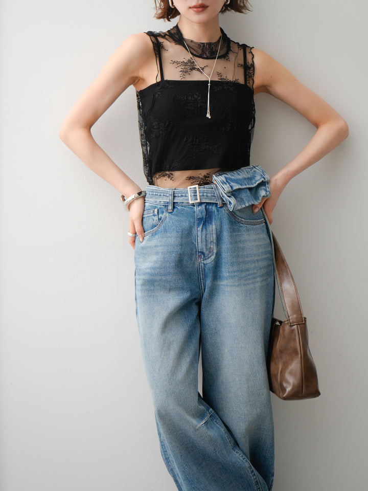 [予約]シースルーストレッチレースノースリトップス/black