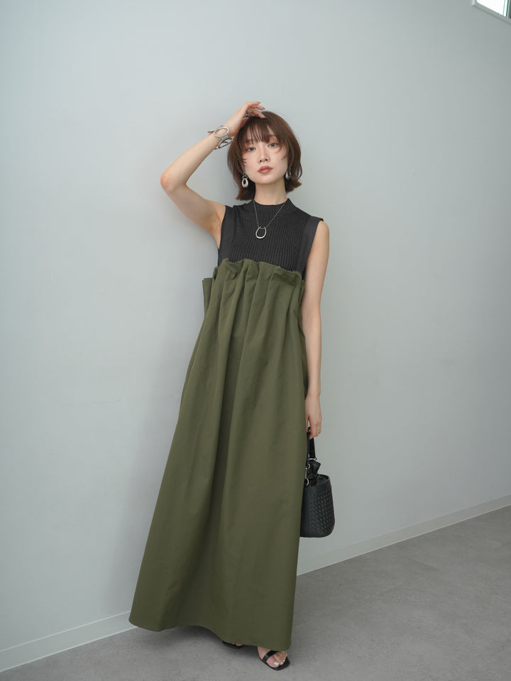 [SET]タックギャザーワンピース+ラメリブノースリニットトップス(2set)