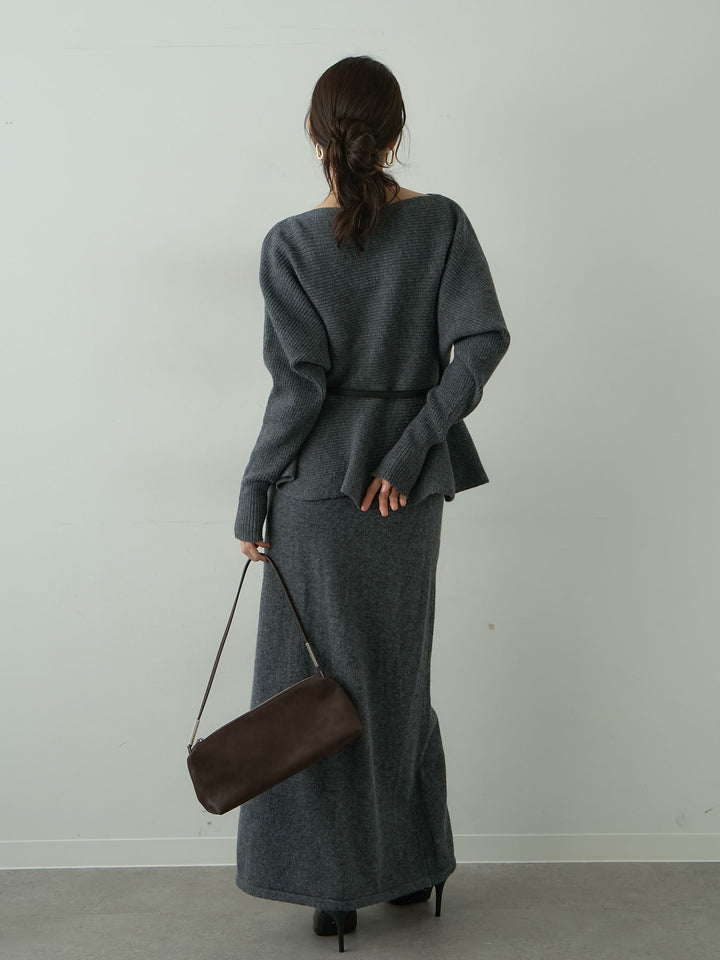 [SET]ベルト付ペプラムニットトップス＆ニットスカートSET UP(2SET)+選べるアクセセット(2set)