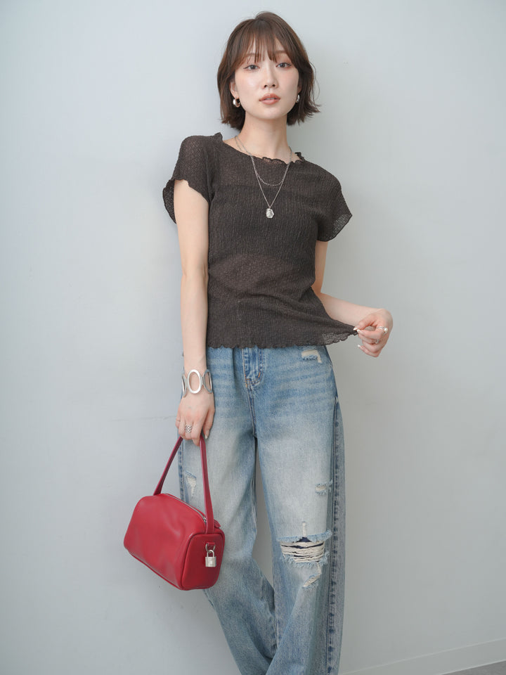 [SET]シャーリングシアーバックオープンフレンチトップス+ダメージデニムセミワイドパンツ(2set)