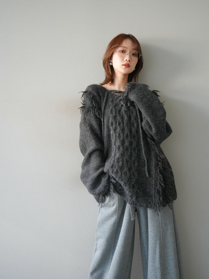 [予約]レースアップフリンジニットプルオーバー/gray