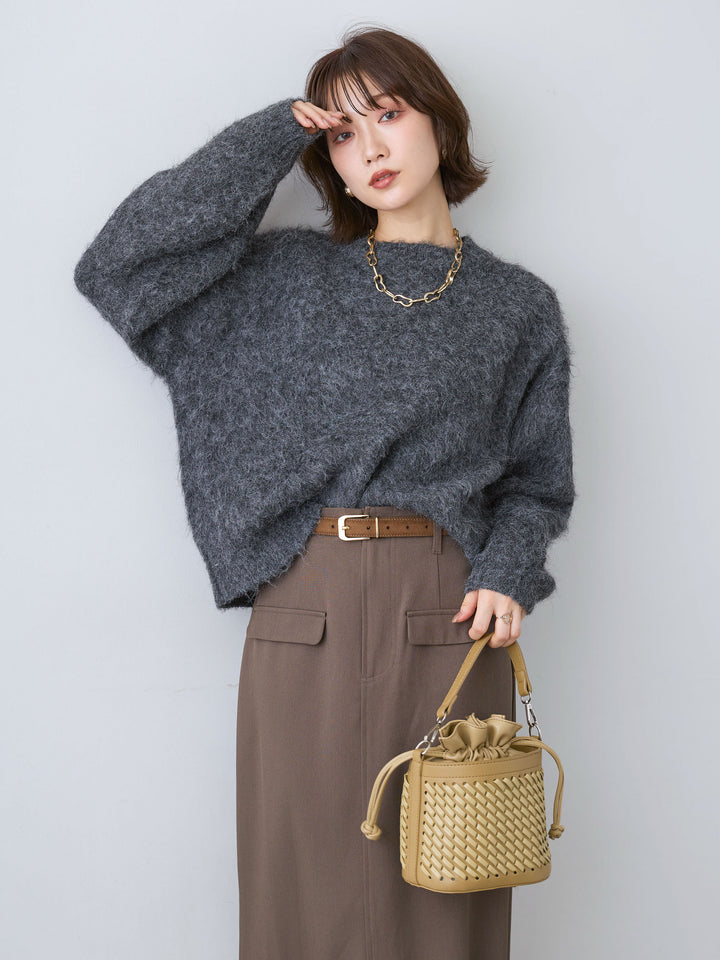 [SET]ソフトシャギーニットプルオーバー+クレープデシンフラップ付きストレートスカート(2set)